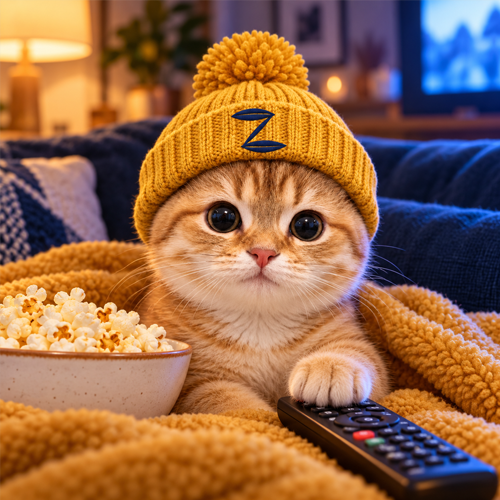 CatWifSapling tucked under a mustard blanket with popcorn and a remote