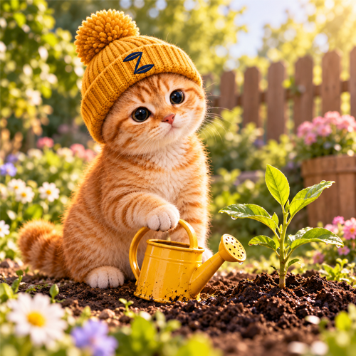 Golden tabby kitten in a yellow beanie watering a tiny sapling in a flower garden