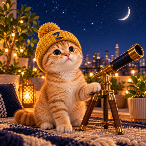 CatWifSapling on a rooftop at night beside a brass telescope